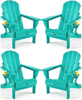 Ciokea Folding Adirondack Chair 4 Pack, Patio Adirondack Chair Weather Resistant, Plastic Fire Pit Chair with Cup Holder, Lawn Chair for Outdoor Porch Garden Backyard Deck (Lake Blue)
