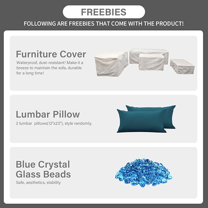 Outdoor Patio Furniture 60000 BTU Outdoor Propane Fire Pit Table Patio Furniture Set 45 In Outdoor Fire Pits 6 Pieces Patio Sofa Outdoor Chairs Anti-slip Cushions Waterproof Covers, Peacock Blue