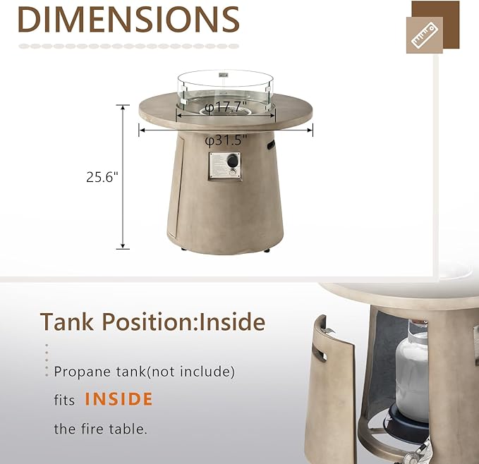 COSIEST 31.5-inch Round Fire Pit, Magnesium Oxide Outdoor Propane Fire Table, Certified, 40,000 BTU Stainless Steel Burner, Free Lava Rocks, Fits 20lb Tank Inside