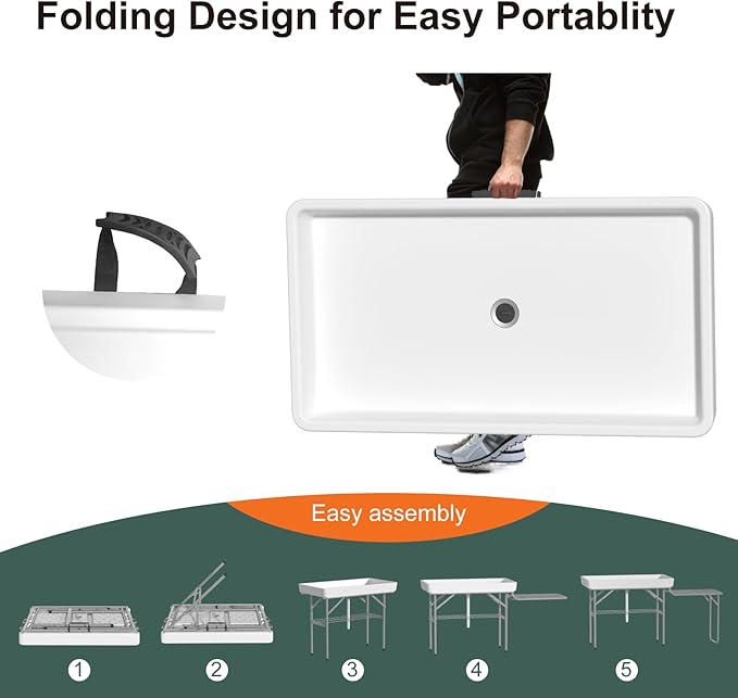IWDOO Ice Cooler Table with Led Light, 4 Foot Outdoor Ice Table with Foldable Extension Stand, Matching Skirt & Drain Hose, Folding Cooler Tables with Metal Shelf for Party, BBQ, Camping Picnic