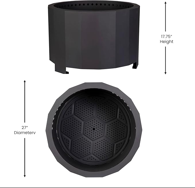 Flash Furniture Titus Commercial Grade Wood Burning Smokeless Outdoor Firepit - Black Finish - 27 inches - Portable - Waterproof Cover