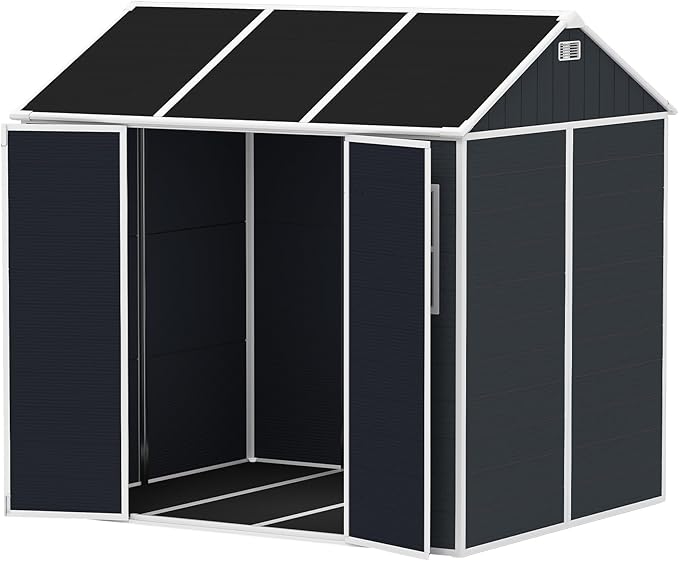Outdoor Storage Shed 7.5x7 FT, Resin Shed with Floor & Window, Lockable Door, Vents, Outside Sheds & Garden Shed for Patio Furniture, Gardening Tools, Pool Equipment (Dark Gray, 7.5x7ft)