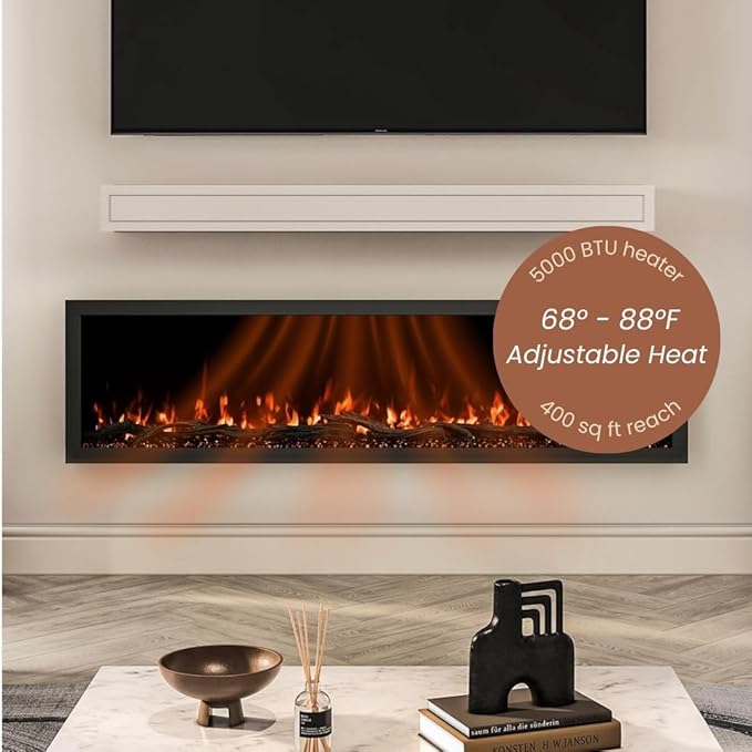Modern Ember Highmark 72 Inch Smart Linear Electric Fireplace - Premium Flame with 10 Colors, Sleek Hidden Vent Design, Install Recessed in-Wall or Wall-Mount, WiFi Enabled.