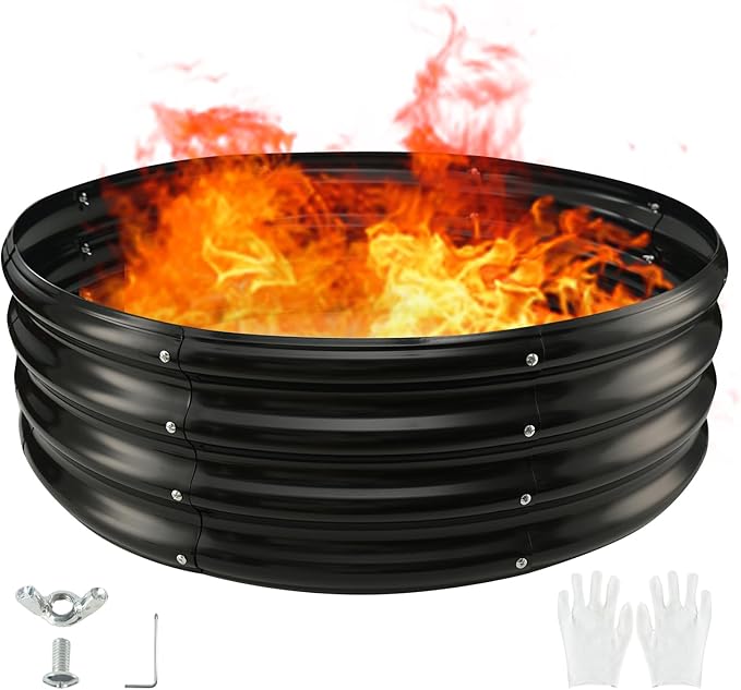 60" Round Galvanized Steel Fire Ring Pit for Backyard,Camping,Bonfire; Round Steel Raised Garden Bed Kit,Metal Raised Garden Box for Outdoor Gardening and Planting (5x5x1FT)