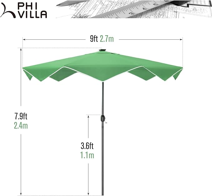 PHI VILLA 9ft Patio Umbrellas with 24 pcs LED Solar Lights, Outdoor Market Table Lighted Umbrella with 8 Steel Ribs, Tilt for UV-Resistant, Lotus Leaf Shape Canopy, Green