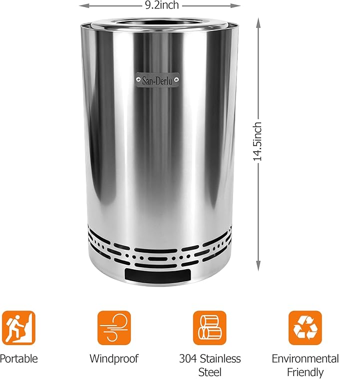 9.2 inch Smokeless Fire Pit, Smokeless Stove for Camping, Outdoor and Patio, Fueled by Wood Pellets or Firewood，Sliver