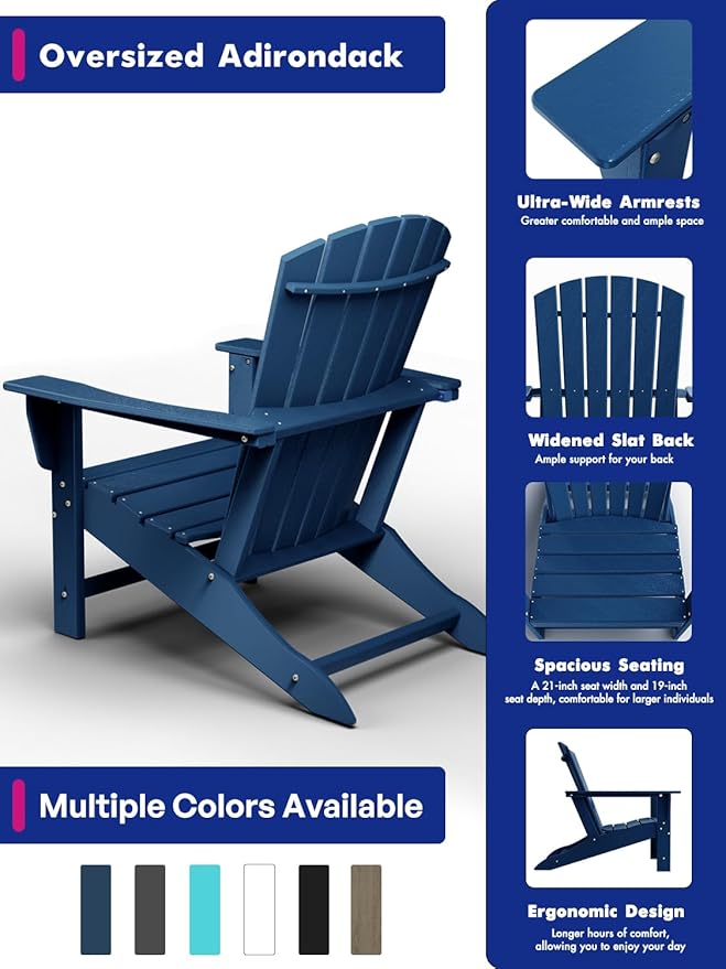 BRIOPAWS Adirondack-Chairs-Set of 6 | Fire Pit Chair | Oversized | HDPE Plastic | Weather Resistant | for Deck Outdoor Poolside Campfire | Blue