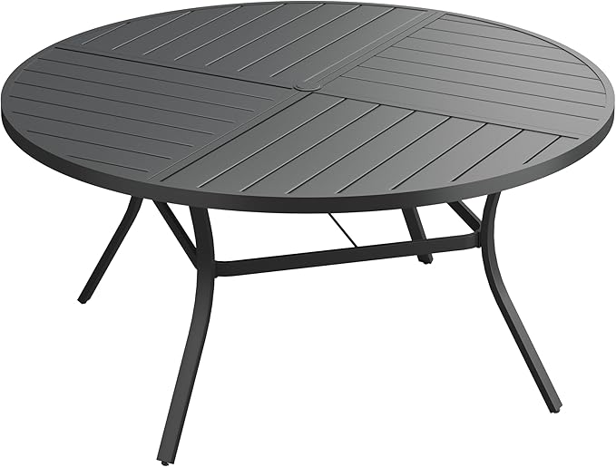 VICLLAX Round Patio Dining Table, 8-10 Person Metal Outdoor Dining Table with Umbrella Hole and Storage Shelf for Garden Lawn Deck, 60" Black