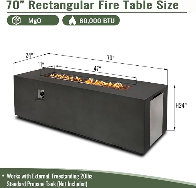 70 Inch Outdoor Propane Fire Pit Table for Outside Patio, Concrete Fire Pit Table, Rectangle Gas Fire Pit for Garden, Pool, Backyard, 60,000 BTU, Free Lava Rocks, Dark Gray