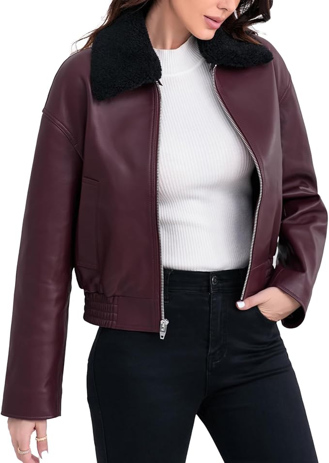 Leather Jacket Women,Cropped Lambskin Bomber Jacket,Removable Sherpa Collar, Zip Front, Elasticized Hem