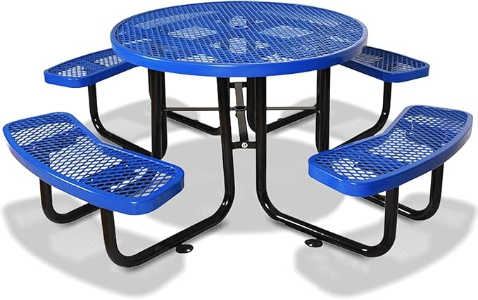 Rueekfil 46" Thermoplastic Picnic Table with Umbrella Hole up to 1.5", Heavy Duty Commercial Picnic Table for Outdoor, Family & Party Ready for School Camping, Round, Blue
