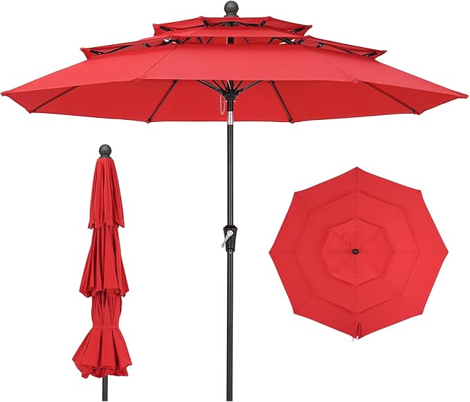 9 FT Outdoor Patio Umbrella, 3 Tier Market Table Umbrella with 8 Sturdy Fiberglass Ribs and 1.5’’ Pole, Smooth Button Tilt Patio Umbrella for Backyard Pool Garden, Red(No Base)