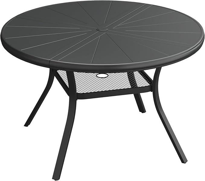 VICLLAX Round Patio Dining Table, 4 Person Aluminum Outdoor Dining Table with Umbrella Hole and Storage Shelf for Garden Lawn Deck, 40.6" Black