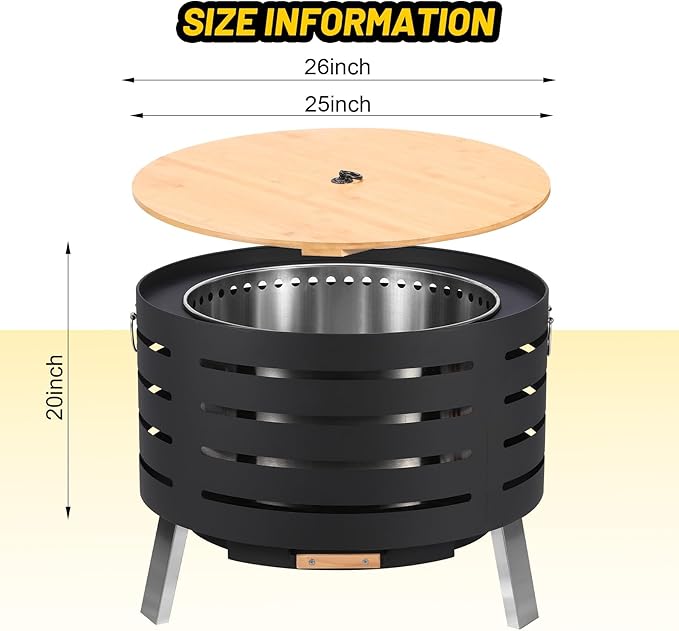 26 Inch Smokeless Fire Pit, Large Outdoor Wood Burning Firepit with Removable Ash Pan & Waterproof Cover, Fire Poker, Lid, Portable Fire Pits for Outdoor Patio, Bonfire, Camping, Backyard