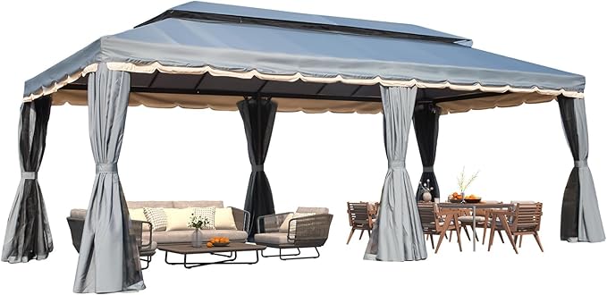 MELLCOM Grey 10x20 Outdoor Patio Canopy Gazebo, Double Roof Patio Pergolas Steel Frame with Netting and Shade Curtains for Garden,Party Canopy