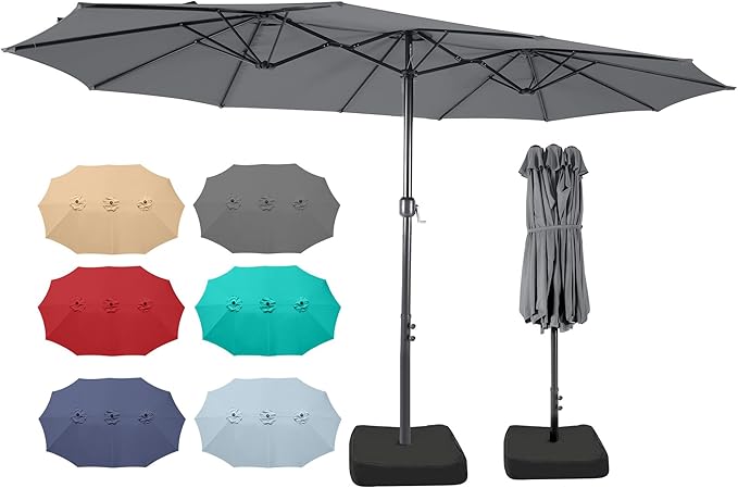 Bigroof 15ft x 9ft Patio Double-Sided Umbrella with Base & Crank, Extra Large Rectangular Outdoor Umbrella for Patio, Lawn & Garden, Beige
