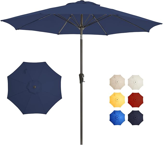 9FT Large Outdoor Patio Umbrella Market Table Umbrella-UV Resistant, Easy Push Button Tilt and Crank, 8 Sturdy Ribs Heavy-Duty Pool Umbrella for Deck, Backyard,Garden,Navy