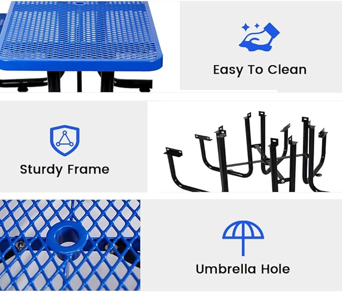 KUFUH 72" Rectangular Metal Picnic Table for 4-8 Person, Durable Heavy Duty Commercial Picnic Table with Umbrella Hole for Outdoor Coffee Shop, School, Hospital, Easy to Install, Blue