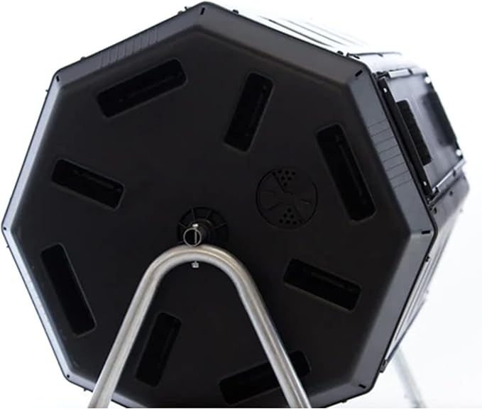 FCMP Outdoor IM4000-WK 37 Gallon Plastic Dual Chamber Tumbling Composter Outdoor Elevated Rotating Garden Compost Bin with Wheels, Black/Black