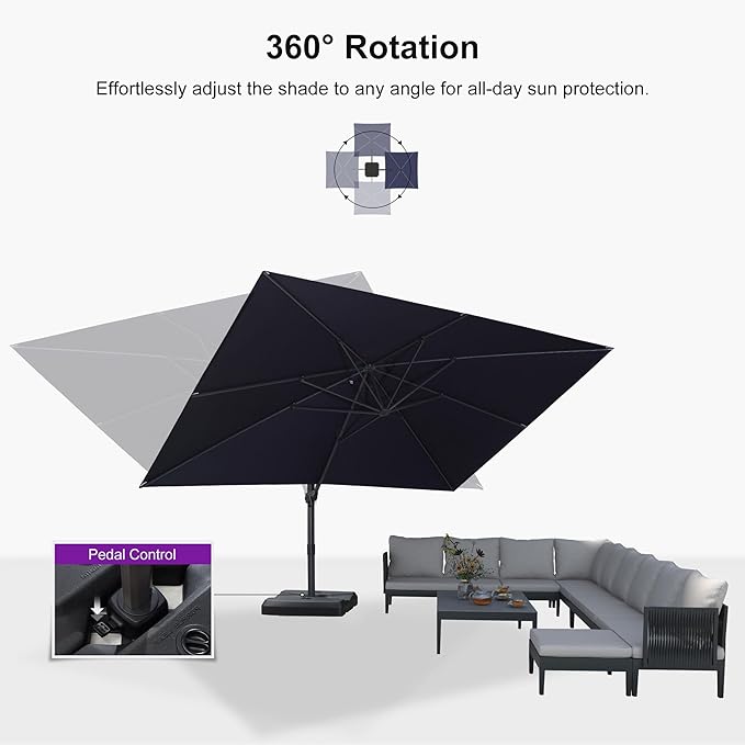 PURPLE LEAF 10' × 13' Patio Cantilever Umbrella with Base Outdoor Rectangle Adjustable Offset Umbrellas with 360-degree Rotation and 8 Heavy Duty Metal Ribs for Garden Deck Pool Navy Blue