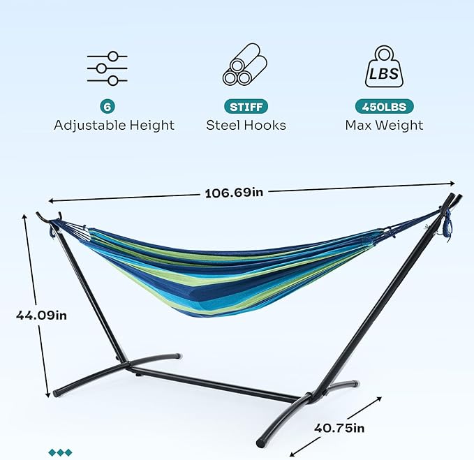 NEWBULIG Double Hammock with Stand, Heavy Duty Portable Hammocks for Outdoor Indoor Patio Camping, Space Saving Design & Carry Bag, Easy Assembly, 450lb Weight Capacity