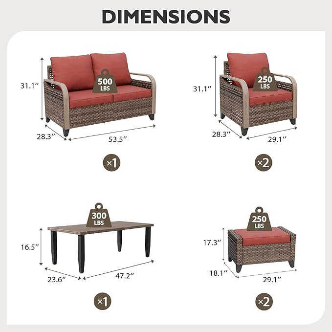 EAGLE PEAK Modern Wicker Outdoor Patio Furniture Set, Patio Conversation Set, 2 Chairs, 2-Seat Loveseat, 2 Ottomans and Coffee Table, 6 Pieces, Brown/Red