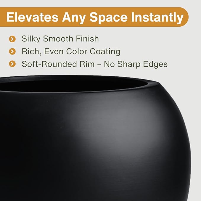 9.7" H x 12" D Globo Fiberstone Round Planter - Christmas Tree Planter, Smooth Finishes, Weather Resistant for Indoor & Outdoor Use, Included 2 Extra Coco Mats (Black, 7.8" Pot Opening)