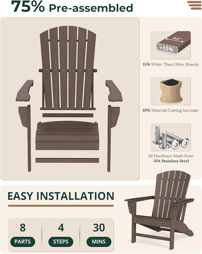 BRIOPAWS Adirondack-Chairs-Set of 2 | Brownwood Grain |Fire Pit Chair | Oversized | HDPE Plastic | Weather Resistant | for Deck Outdoor Poolside Campfire