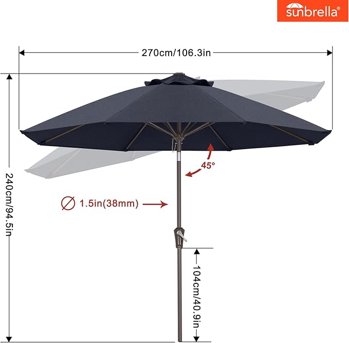 ABCCANOPY 10-Year No Fading 9FT Patio Umbrella, Acrylic Outdoor Table Umbrella with 8 Sturdy Ribs for Deck, Backyard, Garden, Yard (Navy Blue)