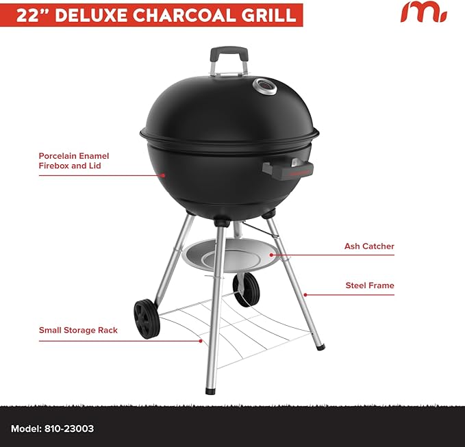 Megamaster 22" Deluxe Charcoal Barbecue Grill with Adjustable Air Vent, Built-In Temperature Gauge, 368 SQ. In Cooking Area, Storage Rack, Portable Grill for Camping, Picnics, and More - 810-23003