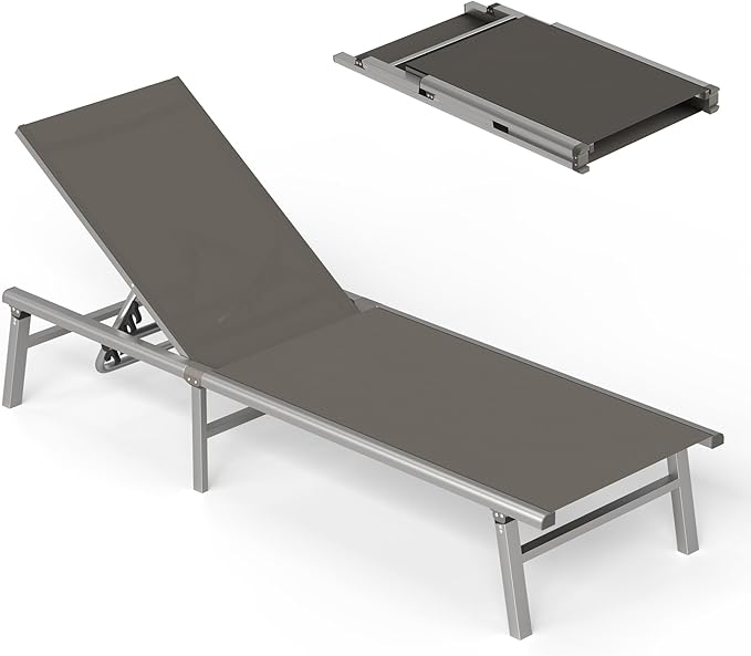 Ciokea Aluminum Chaise Lounge Ourdoor - Foldable & Assemble Free Outdoor Lounge Chair with 5 Adjustable Backrest, Patio Lounge Chair for Outside Poolside Beach Pool, Grey
