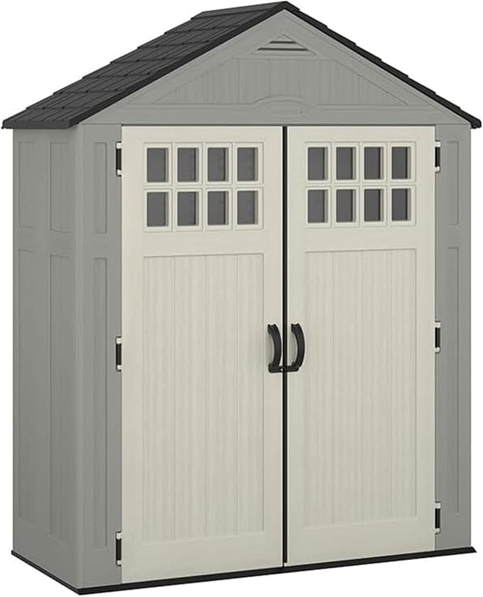 Suncast Everett 6x3 ft Vertical Storage Shed - Resin Plastic Outdoor Garden Shed with Floor, Windows, Skylight & Lockable Double Doors. Slim Yard Storage for Utility Tools & Backyard Equipment