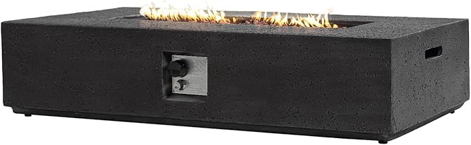 SUNBURY Outdoor Travertine Fire Pit Table, 56 inches Rectangle Propane Gas Patio Fire Pit 50,000 BTU Concrete, Low Firepit Table with Lava Rocks, Waterproof Cover (Grey)