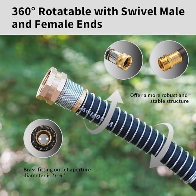 WiseFlow Garden Hose 100FT x 5/8", Heavy Duty Rubber Hose, Water Hose with Five Layered Braiding, Male Female Fittings, 1000PSI Burst, 300PSI Working (Black)