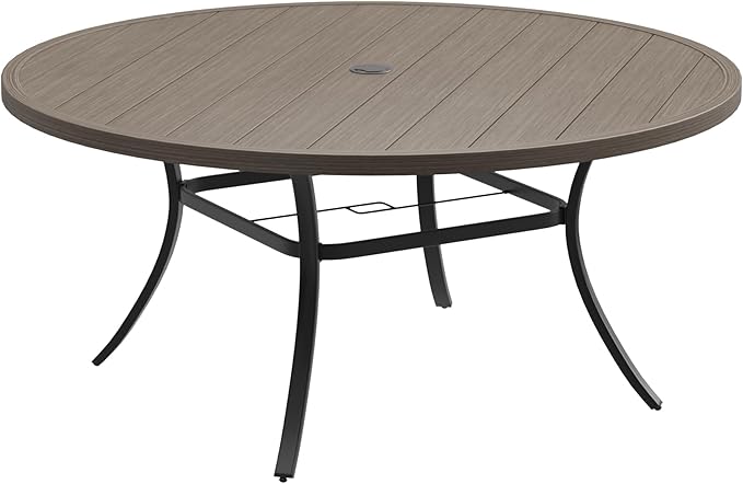 DIFY 60" Round Outdoor Patio Dining Table for 8-10, Metal Patio Table with 1.57" Adjustable Umbrella Hole, All-Weather Dining Furniture Table for Backyard Lawn Garden, Grey Wood-Like