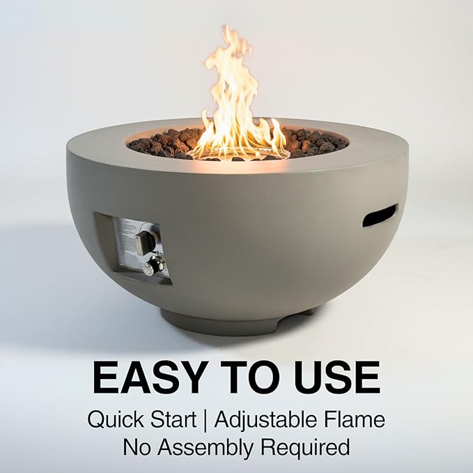 28-inch Outdoor Round Fire Pit Table,40,000 BTU Fire Pit Bowl, Light Concrete Propane Fire Pit with Free Lava Rocks, Rain Cover and Burner Lid, for Outside Patio, Garden, Deck, Light Grey