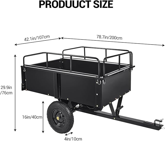 Heavy Duty ATV Trailer Steel Dump Cart, 750 Lbs 15 Cubic Feet Garden Trailer Pull Behind with Removable Sides & All Terrain Tires for Lawn Mower, ATV & Yard Work