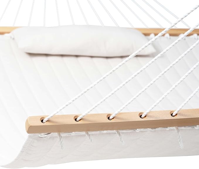 Lazy Daze Hammocks 12 FT Sunbrella Quilted Hammock Double Hammock with Hardwood Spreader Bar, for Patio Outdoor Outside All Weather, 450 lbs Capacity, Cream