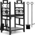 INNO STAGE Firewood Rack Fireplce Firepit Tools Set Double Layer Iron Wood Log Holder for Fire Place Outdoor Indoor Accessories-Brush, Shovel, Tong, Hook