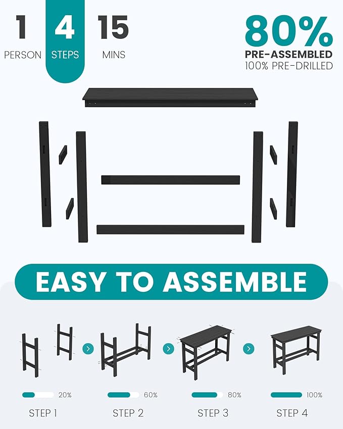SERWALL Outdoor Bar Set - 2 Adirondack Bar Chairs & Bar Height Table with 1.6" Umbrella Hole, All-Weather HDPE Patio Furniture for Poolside, Backyard, Garden - Black