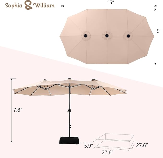 Sophia & William 15 ft Extra Large Patio Umbrella with Solar Lights, Rectangular Outdoor Umbrella with Base Included, Market Umbrella Double-sided Heavy Duty for Pool Garden Backyard, Beige
