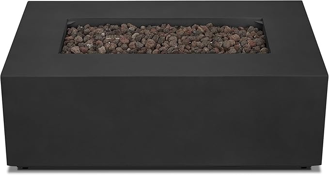 Real Flame Aegean 42in Rectangle Propane or Natural Gas Fire Pit Table, 50,000 BTU, Powder-Coated Steel, Push-Button Ignition, CSA Certified, Lava Rock, Storage Cover, Stainless Steel Burner with Lid