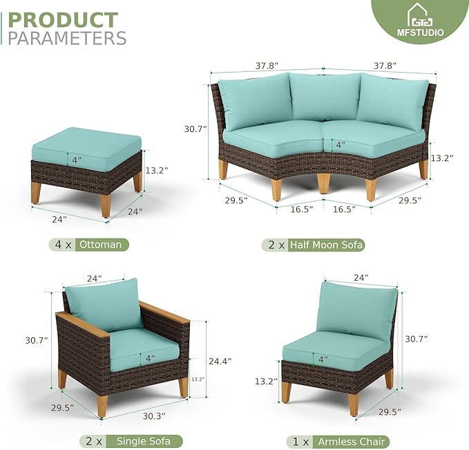 MFSTUDIO 10 Pieces Wicker Patio Furniture Set, Half-Moon Curved Rattan Patio Conversation Outdoor Sectional Sofa Set, 4 x Curved Sofa, 1 x Armless Couch, 4 x Ottoman, 2 x Single Chair(Aqua Blue)