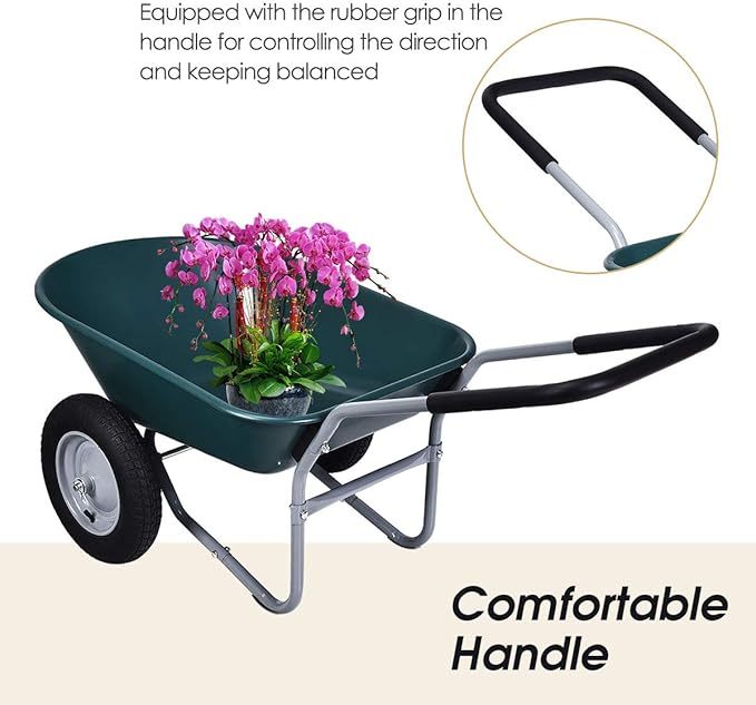 Goplus Dual Wheel Wheelbarrow, Heavy Duty Garden Cart, 330 lbs Capacity Utility Cart with Two 13 inches Pneumatic Tires for Outdoor Lawn Yard Farm Ranch