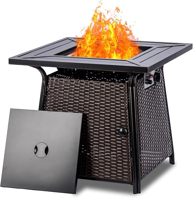 28 inch Wicker Propane Fire Pit Table,Gas Fire Pits Table for Outside,50000 BTU Propane Firepit with Lid &Lava Rocks,Gas Firepit for Garden,Yard (Brown Rattan)