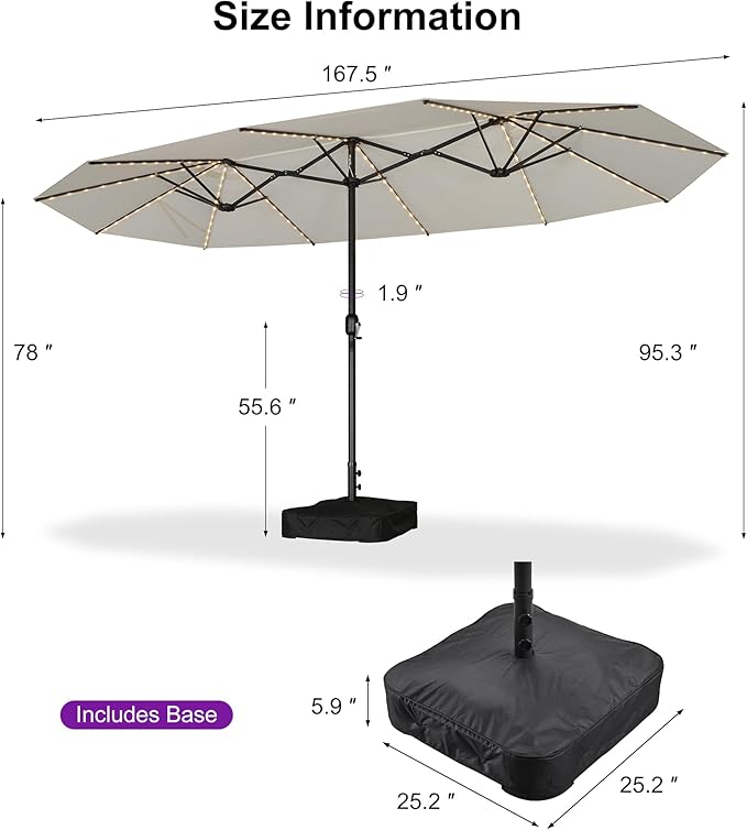PURPLE LEAF 14ft Patio Market Umbrella with Solar LED and Base Double-Sided Rectangle Outdoor Table Sun Umbrellas with Crank for Pool Beach Deck Backyard Cream