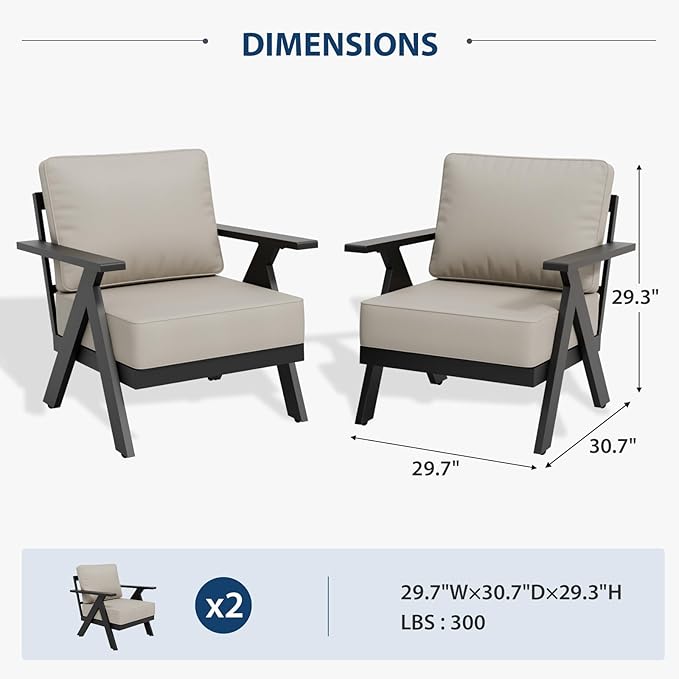 Urban Anvil 2 Pieces Patio Furniture Outdoor Metal Armchairs, All-Weather Patio Accent Chairs with Cushions for Balcony, Porch, Deck, Black/Beige