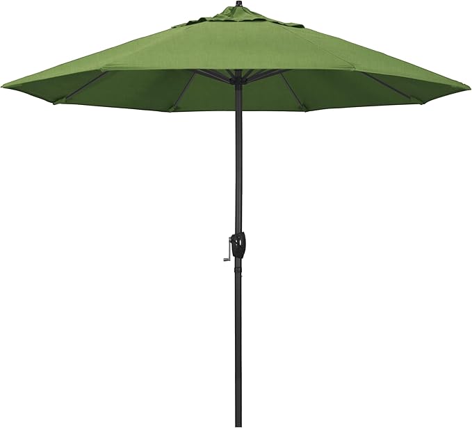 California Umbrella 9' Rd Aluminum Patio Umbrella, Crank Lift, Auto Tilt, Black Finish, Sunbrella Cilantro