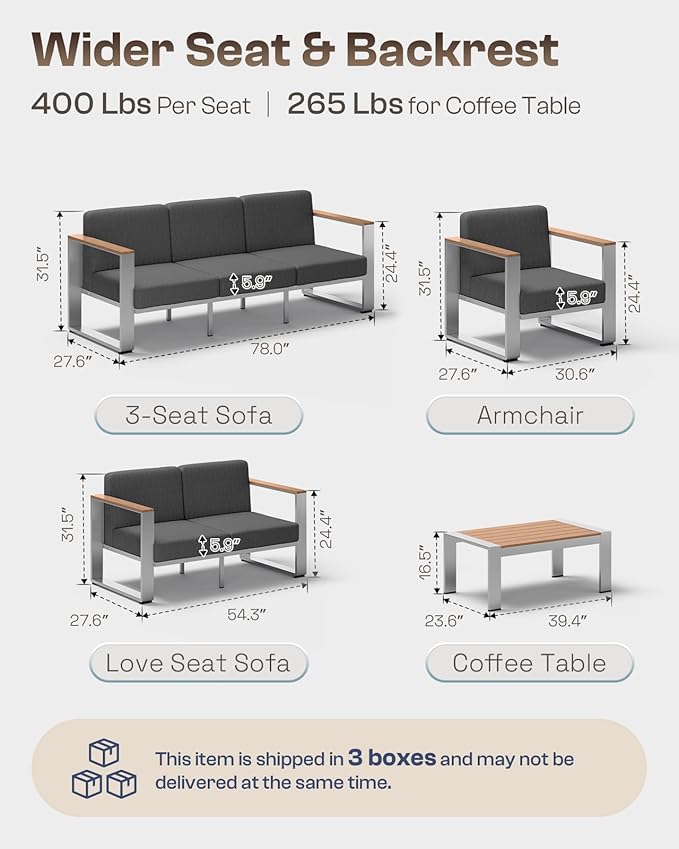 Outdoor Patio Furniture Set, 4 Piece Aluminum Patio Furniture Set with Wide Seat and Thick Cushions, Modern Outdoor Patio Conversation Sets for Deck, Porch (Teak-Charcoal)