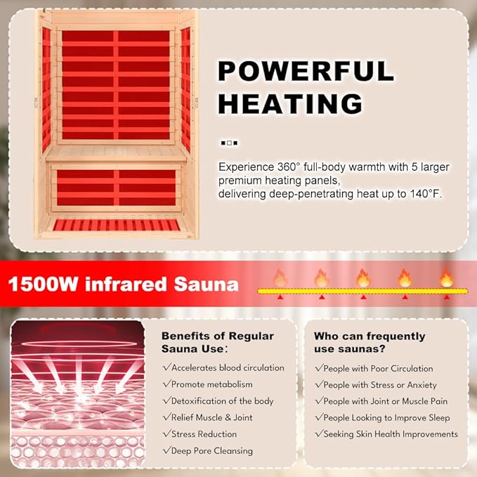2 Person Infrared Sauna, Low EMF FAR Infrared Sauna for Home, 1500 Watts Canadian Hemlock Indoor Saunas with LED Reading Lamp, LCD Display-Control, Blue-Tooth Audio